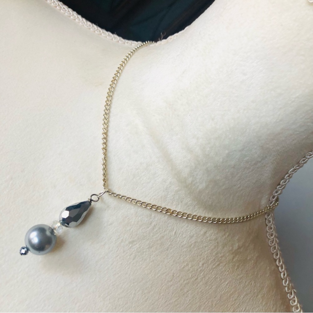 Handcrafted faceted glass crystal and pearl drop pendant on chain necklace